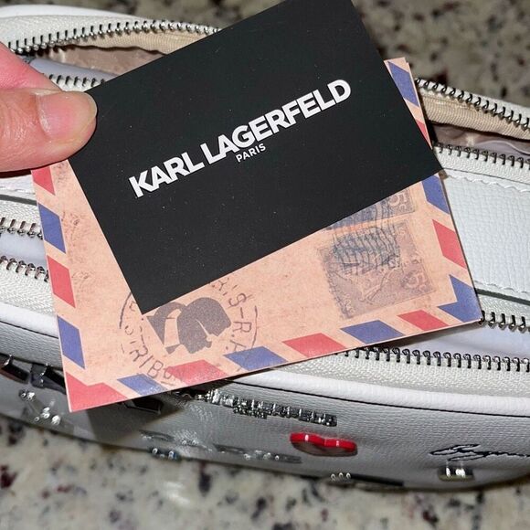Karl Lagerfeld Maybelle Crossbody Bag Double Zip White With Pins Pouch NWT $228 - Picture 7 of 7